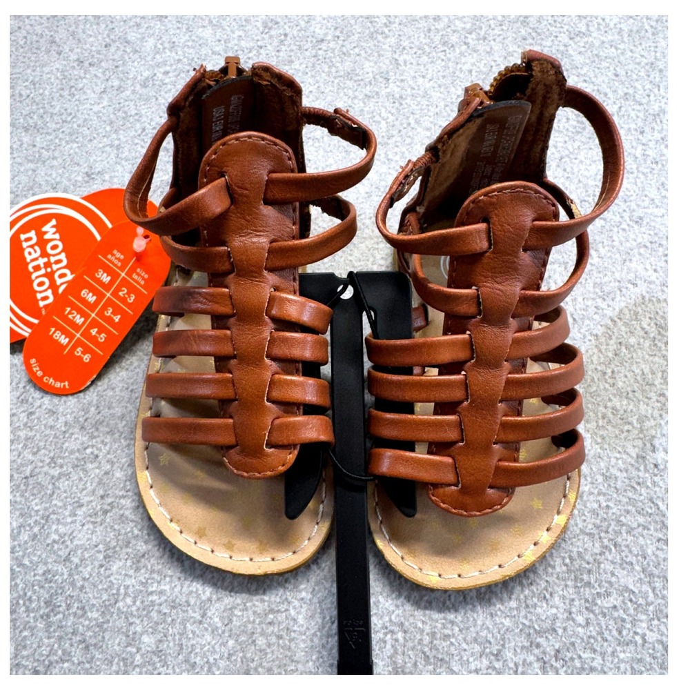 Wonder Nation Gladiator Sandals Kids Size 3 Cognac Brown Rear Zip Gold Stars